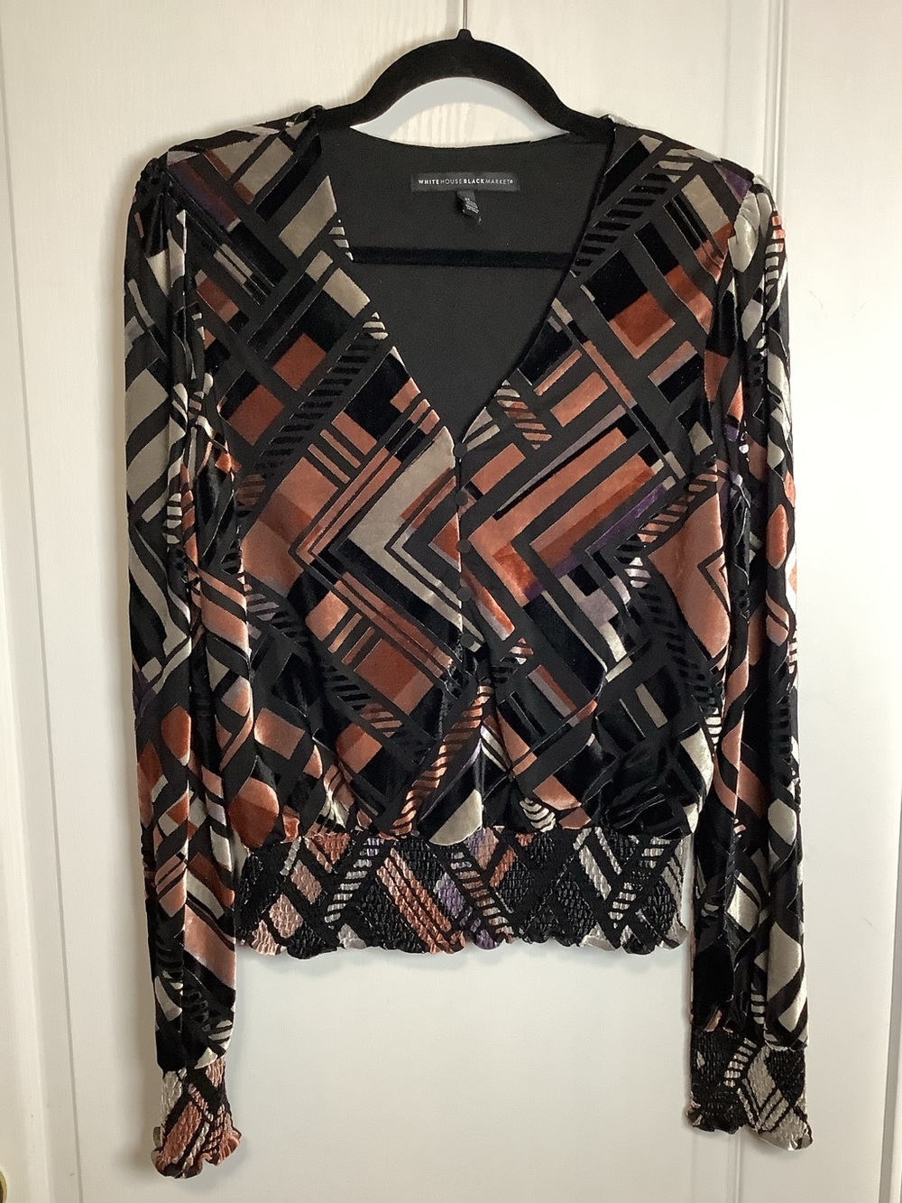 White House Black Market Black Copper Cream Geometric Velvet Blouse